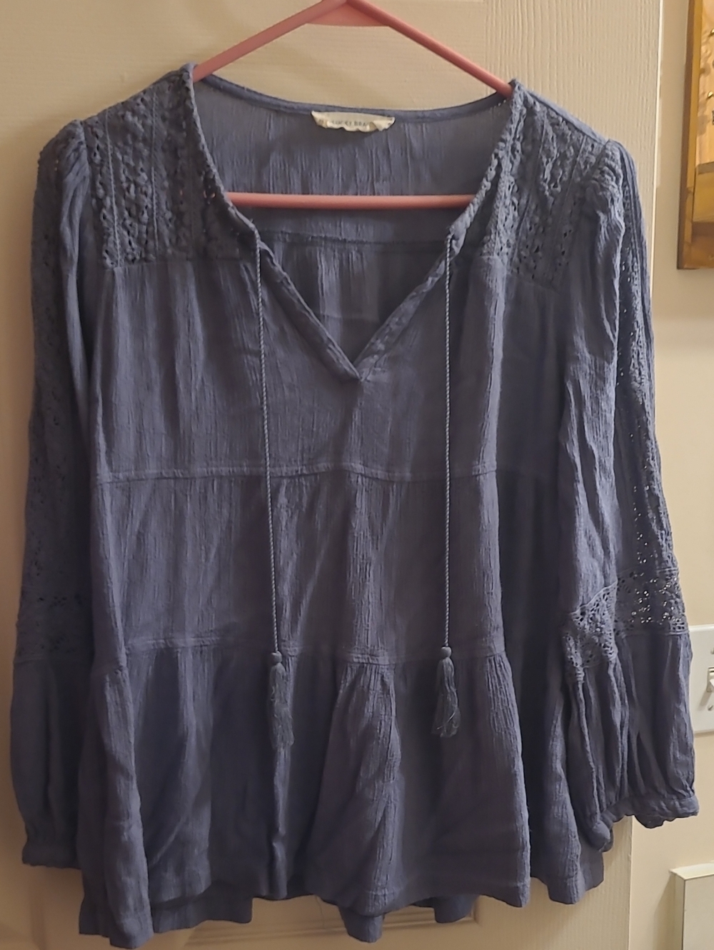 Lucky Brand Blue Peasant Tunic with Tassel Tie